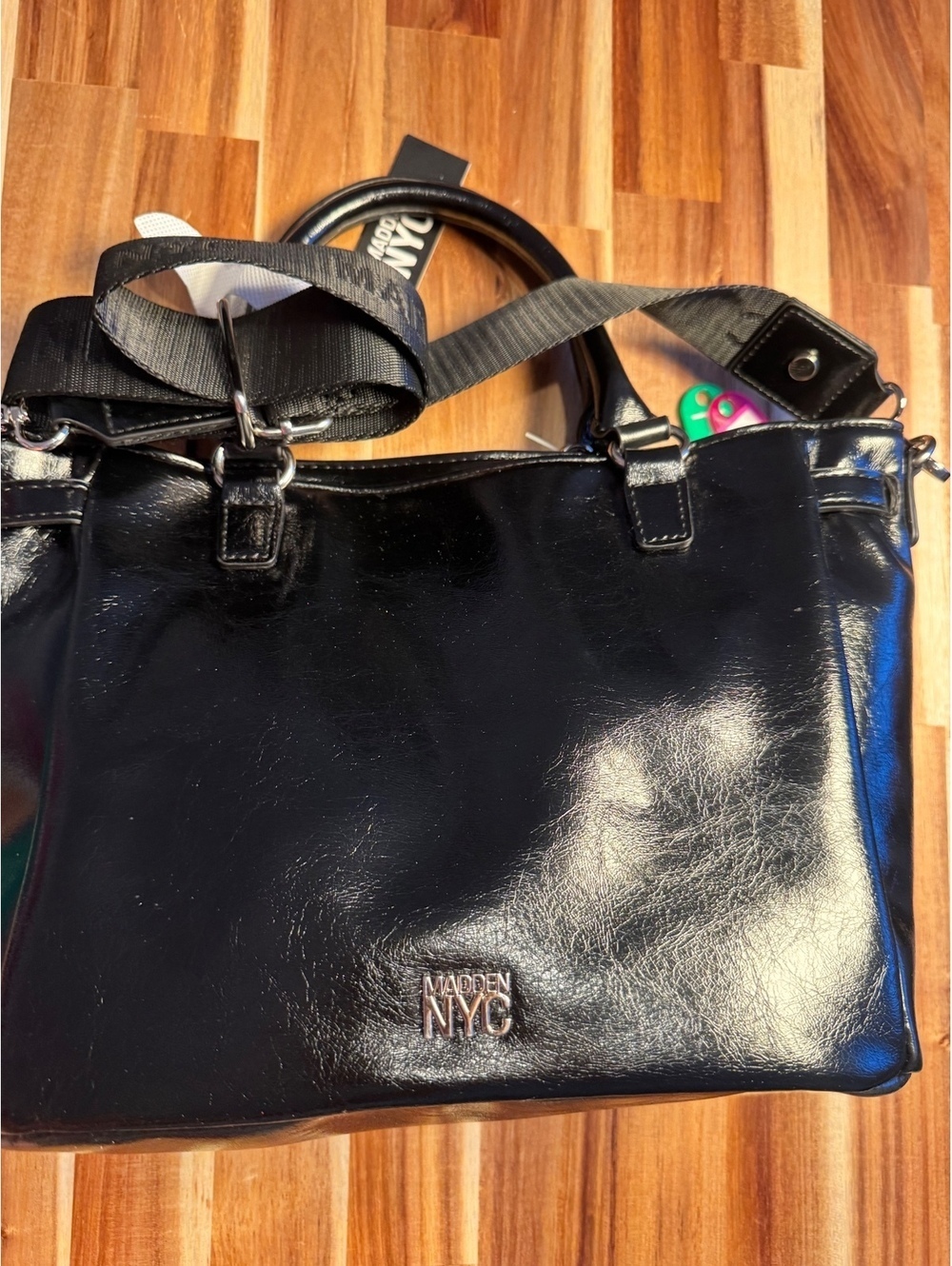 Madden NYC 2360 Black Patent Satchel Crossbody Bag Colorful Charms NWT - Picture 7 of 8